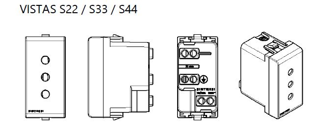 TOMACORRIENTE DOBLE ( 01 DE 3 EN LINEA + 01 AMERICANO) S33 PLACA PLATA Y DADOS S22 BLANCOS SINTHESI - Imagen 4